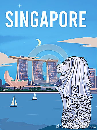 Beautiful view Merlion and Singapore city skyline ilustration travel poster Editorial Stock Photo