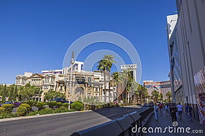 Beautiful view of Mirage and Trump hotels on blue sky background. Strip of Lass Vegas, Nevada, Editorial Stock Photo