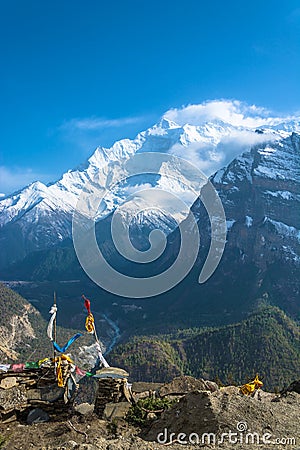 View of the mountain gorge with a river, Nepal. Stock Photo
