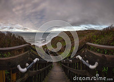 Stairs leading down Mohegan Bluffs at Block Island Stock Photo