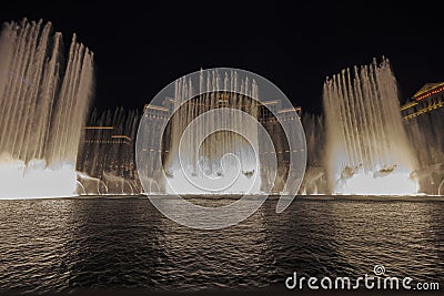 Beautiful view of night fountains of Bellagio hotel on Strip. Las Vegas, Nevada, USA.. Editorial Stock Photo