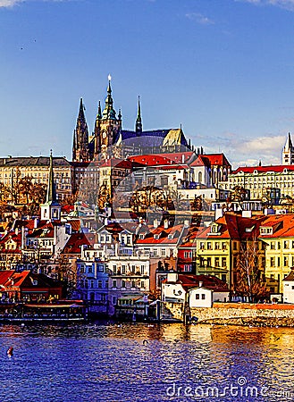 Beautiful view on old town Prague, Czechia. Cartoon Illustration