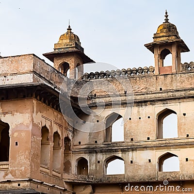 Beautiful view of Orchha Palace Fort, Raja Mahal and chaturbhuj temple from jahangir mahal, Orchha, Madhya Pradesh, Jahangir Mahal Stock Photo