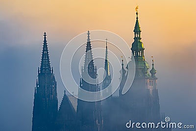 Beautiful view of Prague Castle towers during sunrise Stock Photo