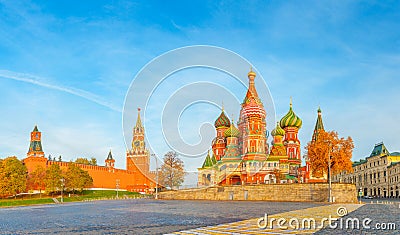 Beautiful view of the Red Square with Moscow Kremlin and St Basil& x27;s on a bright autumn morning, the most visited landmark in Stock Photo