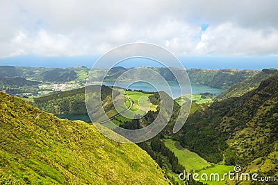 Beautiful view of the road to background volcanic lakes and forest. Azores, Sao Miguel, Portugal Stock Photo