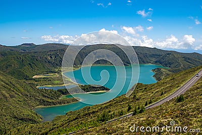 Beautiful view of the road to background volcanic lakes and forest. Azores, Sao Miguel, Portugal. Stock Photo