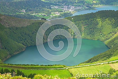 Beautiful view of the road to background volcanic lakes Lagoa de Santiago. Azores, Sao Miguel, Portugal. Stock Photo
