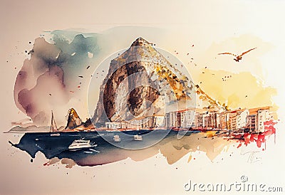 Beautiful view of the Rock of Gibraltar, watercolor sketches. Generative AI. Stock Photo