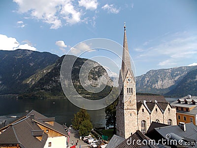 Beautiful view of the city of Hallstatt, mountains and lake Stock Photo