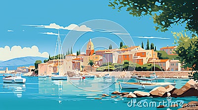 Beautiful view of the small town of Saint-Tropez, France Cartoon Illustration