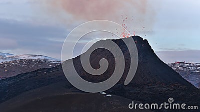 Beautiful view of smoking erupted volcano in Geldingadalir valley near Fagradalsfjall, GrindavÃ­k, Reykjanes, southwest Iceland. Stock Photo