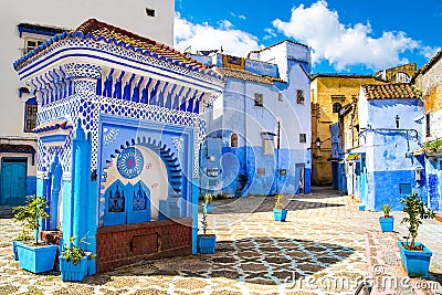 Beautiful view of the square in the blue city of Chefchaouen. Lo Stock Photo