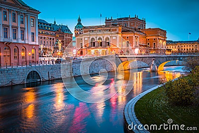 Beautiful view of Stockholm city center with famous Royal Swedish Opera Kungliga Operan illuminated at twilight, Sweden, Scandin Stock Photo