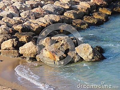 Beautiful view of the stones and the Mediterranean Sea in winter in Haifa in Israel. Stock Photo