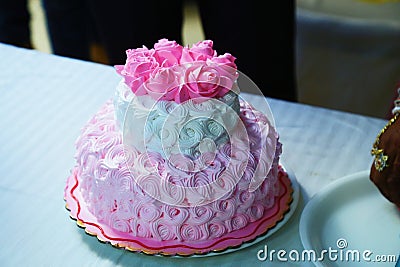 This is the beautiful view of strawberry with fruit flavour cake on table so tasty... Stock Photo