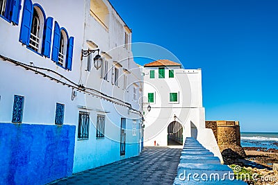 Beautiful view of street with typical arabic architecture. Location: Asilah, North Morocco, Africa. Artistic picture. Beauty world Stock Photo