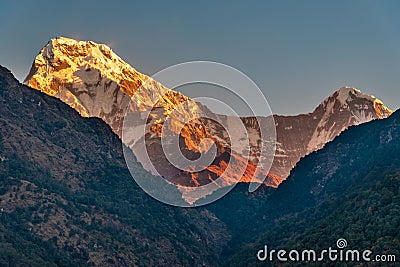 Beautiful view of sunrise of Annapurna South in Kaski region Pokhara Nepal Stock Photo