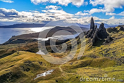 Beautiful view sunrise light roks stones Old Man of Storr Scolatand Skye Island landmark Stock Photo