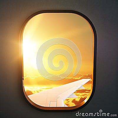 Beautiful view of sunset in aircraft porthole Stock Photo