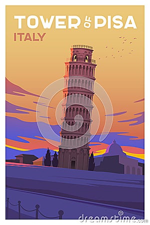 The tower of Pisa. Time to travel. Vector Illustration