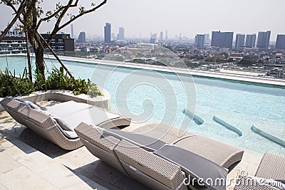 Beautiful view swimming pool on condo building,View on bangkok t Stock Photo