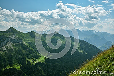 Beautiful view on Swiss Alps as seen from the ridge above the Stoos village Stock Photo