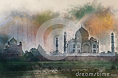 Watercolor painting of Taj Mahal scenic sunset view in Agra, India. Stock Photo