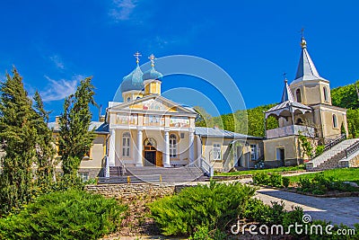 Beautiful view to Kalarashovsky Holy-Uspensky woman monastery in sany sammer day. Convent located on the right Bank of Stock Photo