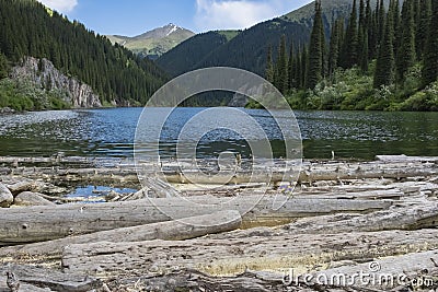 Beautiful view to Middle Kolsai or Mynzhylky lake with mountains background. Stock Photo