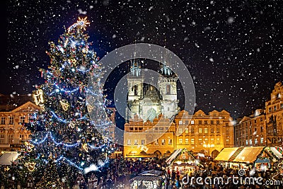 Beautiful view to the old town square of Prague during night time with a Christmas market Stock Photo