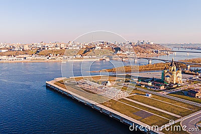 Beautiful view from the top of the Alexander Nevsky Cathedral. Confluence of the Volga and Oka rivers in Nizhny Novgorod. Stock Photo