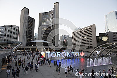 Beautiful view of The Toronto Sign is an illuminated three-dimensional sign in Nathan Phillips Square in Toronto Editorial Stock Photo