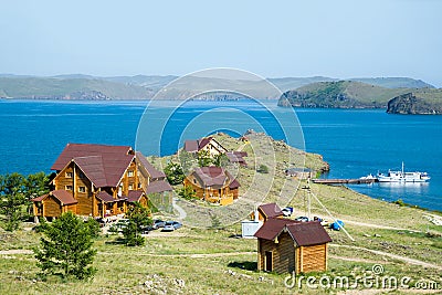 Beautiful view of the tourist center on the shore of Lake Baikal. Stock Photo