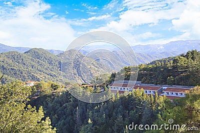 Beautiful view of the Trooditissa monastery in the Cedar Valley Nature Reserve in Cyprus Stock Photo