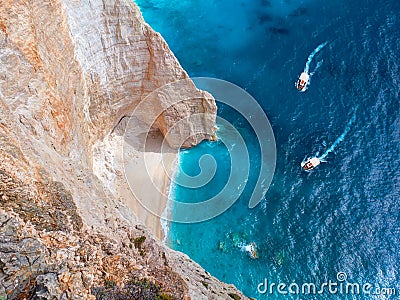 Beautiful view on two touristic boats going to Blue Caves reefs in Ionian Sea blue water. Sightseeing point. Two boats Greece Isla Stock Photo