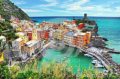 Beautiful view of Vernazza . Is one of five famous colorful villages of Cinque Terre National Park in Italy Stock Photo