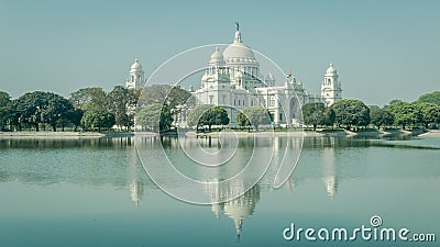 A beautiful view of Victoria Memorial with reflection on water, Kolkata, Calcutta, West Bengal, India Stock Photo