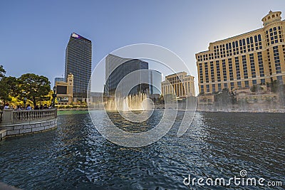 Beautiful view of water show fountains of Bellagio hotel on sunset. Las Vegas, Nevada, Editorial Stock Photo