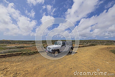 Beautiful view of white jeep wrangler in desert on road of National park, Editorial Stock Photo