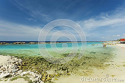 Beautiful view of white sand Curacao beach. Turquoise sea water and blue sky. Curacao Island. Editorial Stock Photo