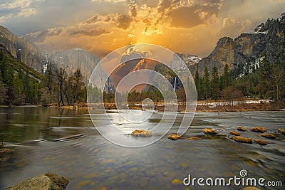 Beautiful view in Yosemite valley with half dome and el capitan from Merced river Stock Photo