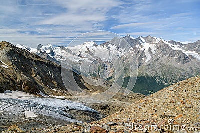 Beautiful views on Fee glacier and surrounding massive above Saas-Fee village Stock Photo