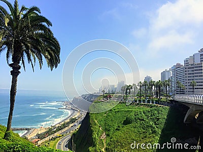 The beautiful views of Lima, Peru, looking out on the Pacific Ocean from the Miraflores Boardwalk. Stock Photo