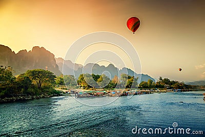 Beautiful views of the mountains and the balloon tour, landmarks Stock Photo