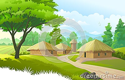 A beautiful village with farmlands, trees, meadows and with mountains in the background Vector Illustration