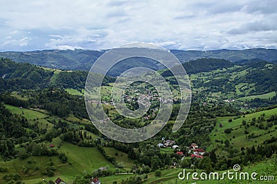 Podu Dambovitei and the Dambovita river valley in Transylvania, Romania. Stock Photo