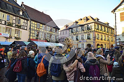 Beautiful village Riquewihr with historic buildings and colorful houses in Alsace of France - Famous vine route. Editorial Stock Photo