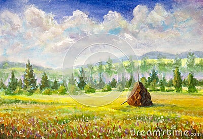 Beautiful village rural landscape farm country impressionism plein air painting agriculture fields Cartoon Illustration