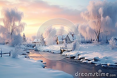 Beautiful village in winter, rural landscape, generated by AI Stock Photo